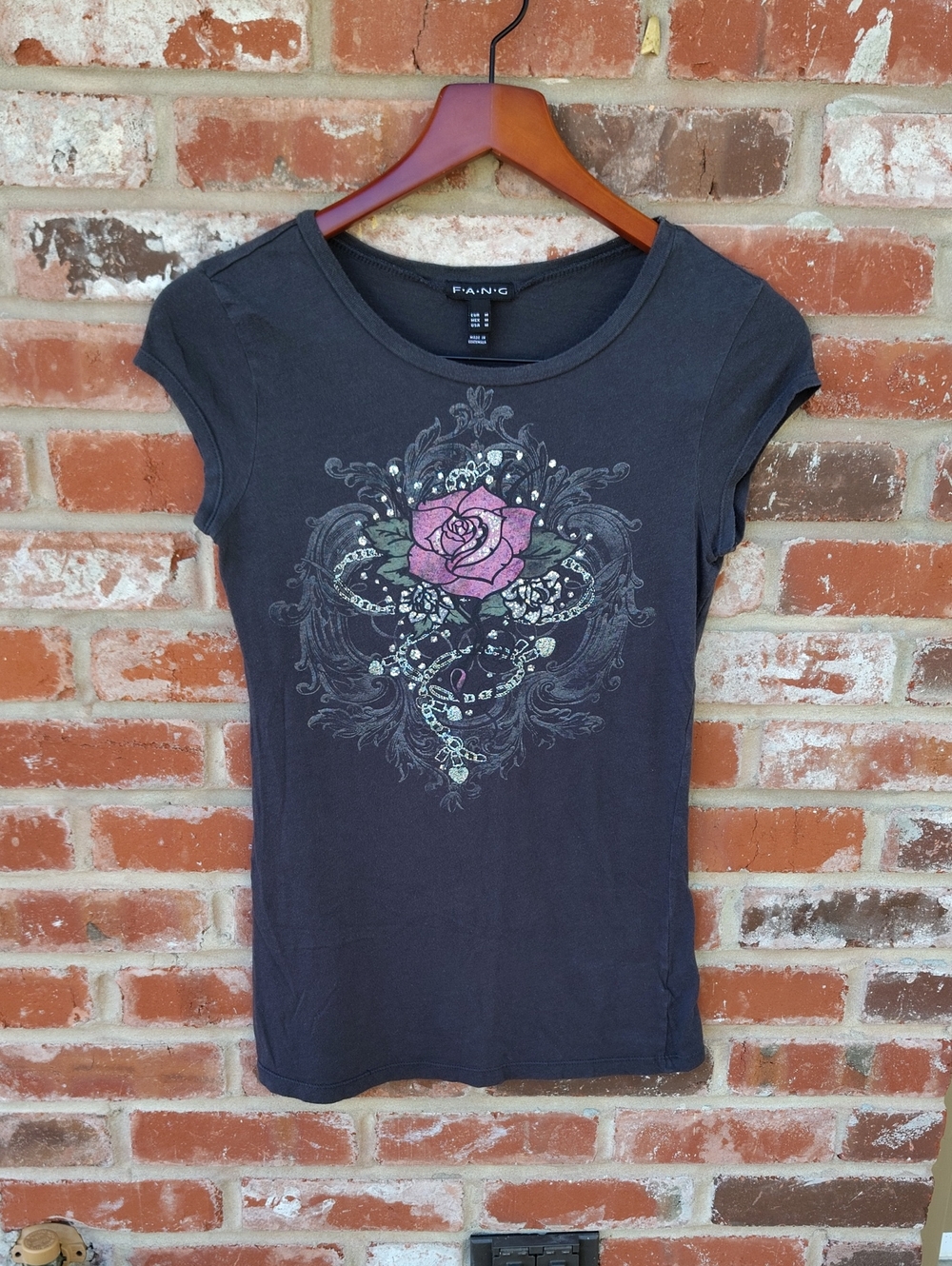 Vintage FANG Graphic Rose Filigree Chain Crewneck Tee Size M Y2K Grunge Skater
